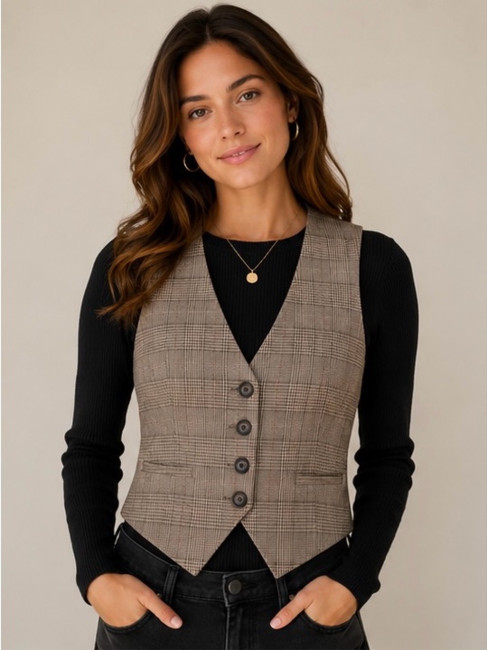 New York & Company Plaid Suit Vest Women’s Size 4 Brown Career Chic